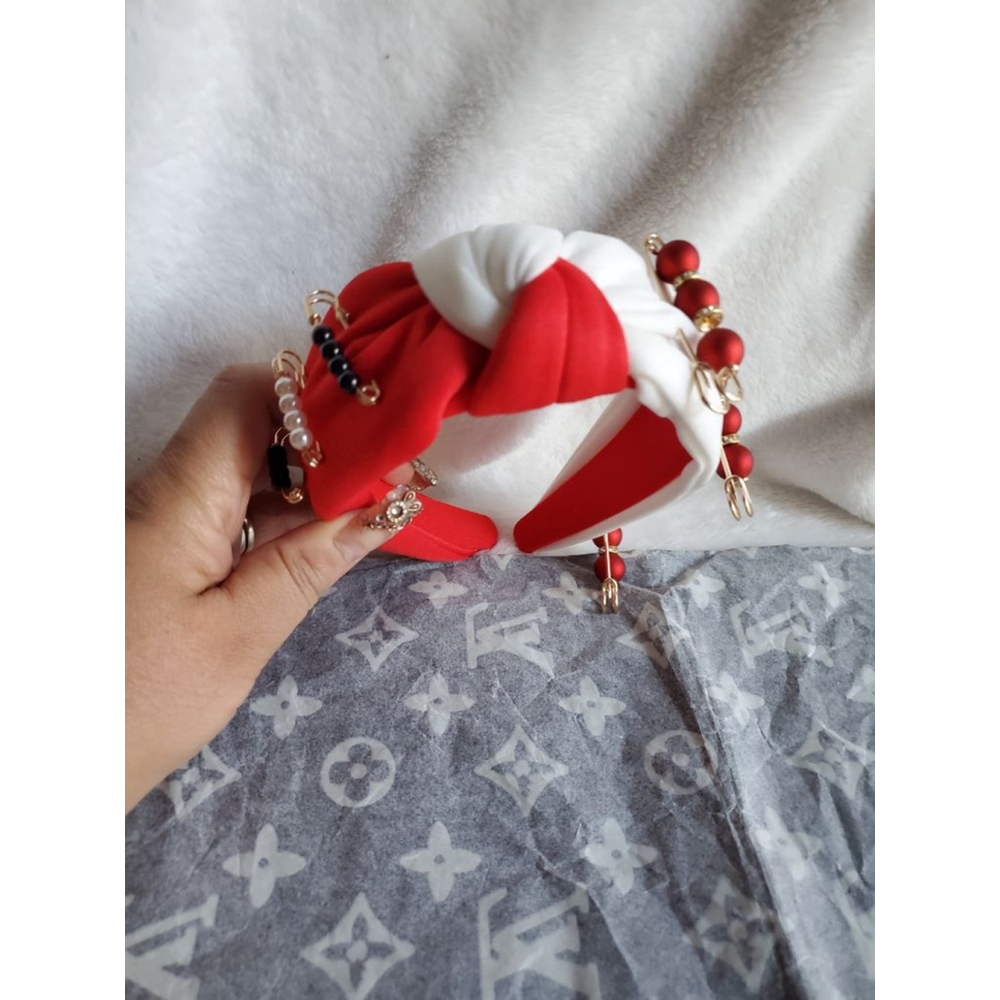Red & White Knot Headband with Beaded Pins.